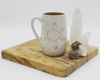 Mug, White and Tan Goddess Moon Mug, Handmade, Stoneware, ceramic, coffee and tea cup