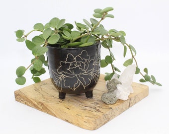 Plant Pot, Footed Black and Tan Peony Planter, Polkadot Ceramic Planter Pot