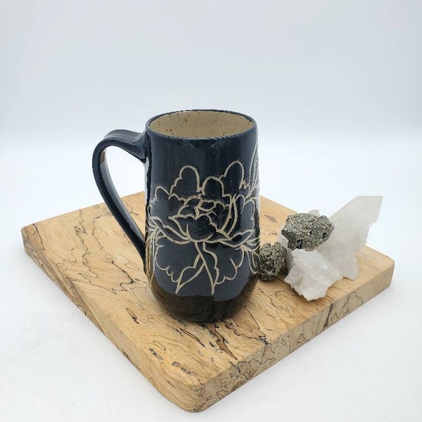 Mug, Hand Carved Black and Tan Peony Mug, Handmade, Stoneware, ceramic, coffee and tea cup