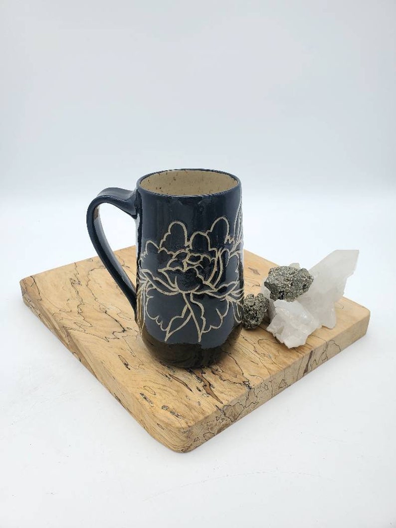 Mug, Hand Carved Black and Tan Peony Mug, Handmade, Stoneware, ceramic, coffee and tea cup image 1