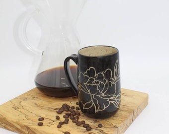 Mug, Hand Carved Black and Tan Peony Mug, Handmade, Stoneware, ceramic, coffee and tea cup