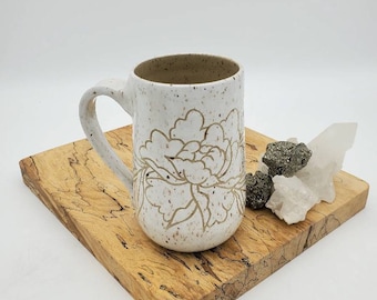 Mug, Hand Carved White and Tan Peony Mug, Handmade, Stoneware, ceramic, coffee and tea cup