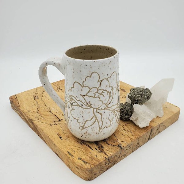 Mug, Hand Carved White and Tan Peony Mug, Handmade, Stoneware, ceramic, coffee and tea cup