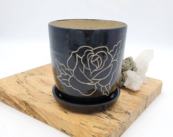Plant Pot, Rose Planter, Black and Tan Ceramic Planter Pot