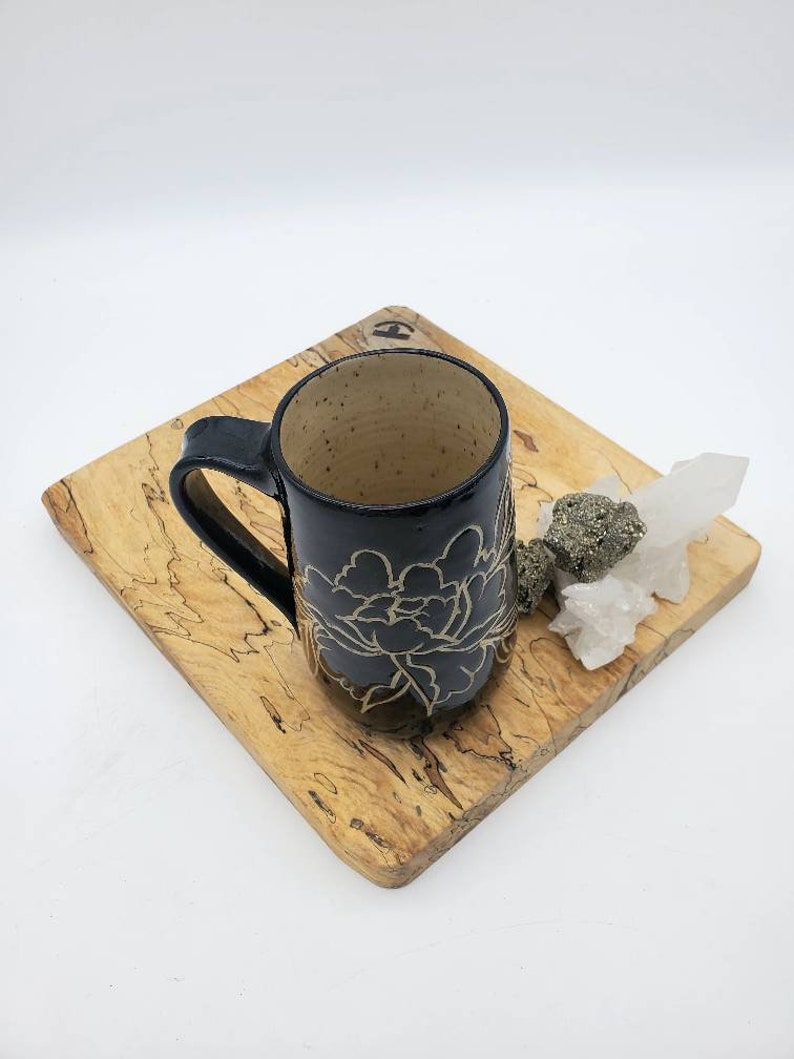 Mug, Hand Carved Black and Tan Peony Mug, Handmade, Stoneware, ceramic, coffee and tea cup image 3