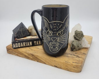 Mug, Black and Tan Black Cat Mug, Handmade, Stoneware, ceramic, coffee and tea cup