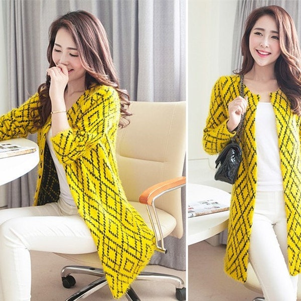 Yellow Sweater Knitwear/knitted sweater/casual loose sweater Cardigan Mohair Coat ON SALE