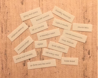Sunday Morning word tiles / set of 17 word tiles / fabric printed words / junk journal ephemera / scrap journal ephemera