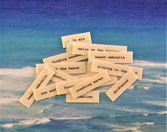 Sand and Surf word tiles # 1 / set of 16 word tiles  / fabric word tiles / words on fabric / junk journal / scrap journal