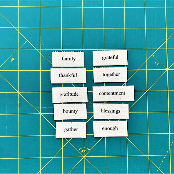 Gratitude mini word tiles / set of 10 word tiles / fabric printed words / junk journal ephemera / scrap journal ephemera