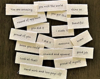 Words of Congratulations / set of 18 word tiles / fabric printed words / junk journal ephemera / scrap journal ephemera