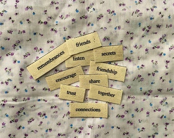 Friendship mini word tiles / set of 10 word tiles / fabric printed words / junk journal ephemera / scrap journal ephemera