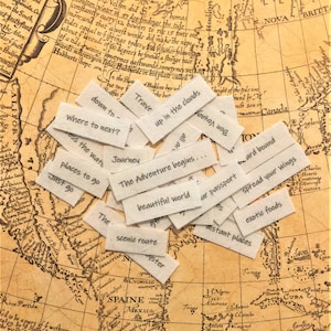 May include: A collection of white paper scraps with handwritten phrases on them, such as "Travel", "Journey", "The Adventure Begins", "Just Go", "Spread Your Wings", and "Up in the Clouds". The scraps are scattered on a vintage map of the world.