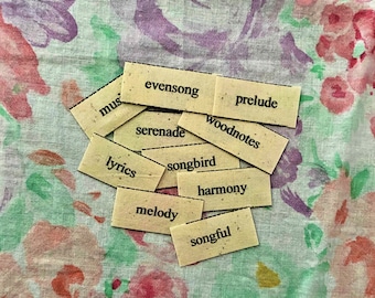 Music mini word tiles / set of 10 word tiles / fabric printed words / junk journal ephemera / scrap journal ephemera