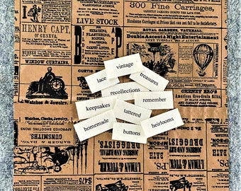 Vintage Word Mini Word Tile Set / set of 10 word tiles / fabric printed words / junk journal ephemera / scrap journal ephemera
