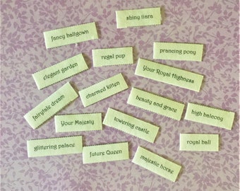 Princess Word tiles / fabric printed words / junk journal ephemera / scrap journal ephemera / kids journals