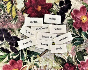 Garden Delight Mini Word Tiles 1 / set of 10 word tiles / fabric printed words / junk journal ephemera / scrap journal ephemera