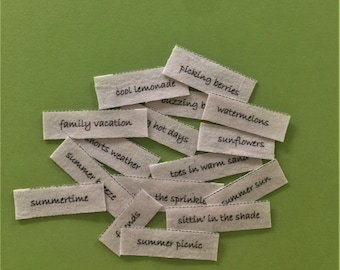 Summertime words # 1 /  set of 16 word tiles / fabric word tiles / words on fabric / scrap journal / junk journal