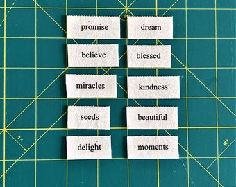 Words of Promise Mini Word Tile Set / set of 10 word tiles / fabric printed words / junk journal ephemera / scrap journal ephemera