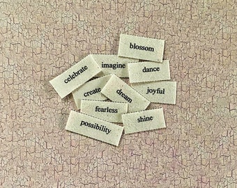 Words of Possibility Mini Word Tile Set / set of 10 word tiles / fabric printed words / junk journal ephemera / scrap journal ephemera