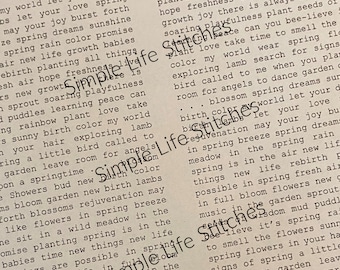 Springtime words and phrases printed onto muslin fabric
