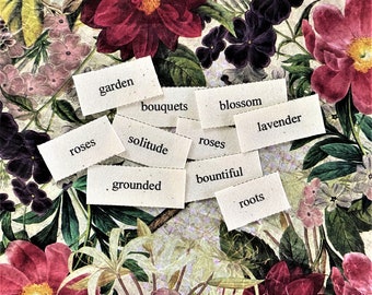 Garden Delight Mini Word Tiles 2 / set of 10 word tiles / fabric printed words / junk journal ephemera / scrap journal ephemera