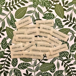 Garden words # 1  / fabric word tiles / words on fabric / junk journal ephemera / scrap journal ephemera