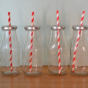 Vintage style milk bottles cows glass straws P5A