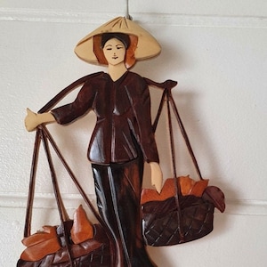 Vintage wooden inlay mid century oriental  Asian woman lady wall hanging
