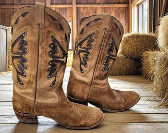 靴 90s Western boots made in usa Vintage 90s Square Toe Flat Suede Leather Orange Cowboy Western
