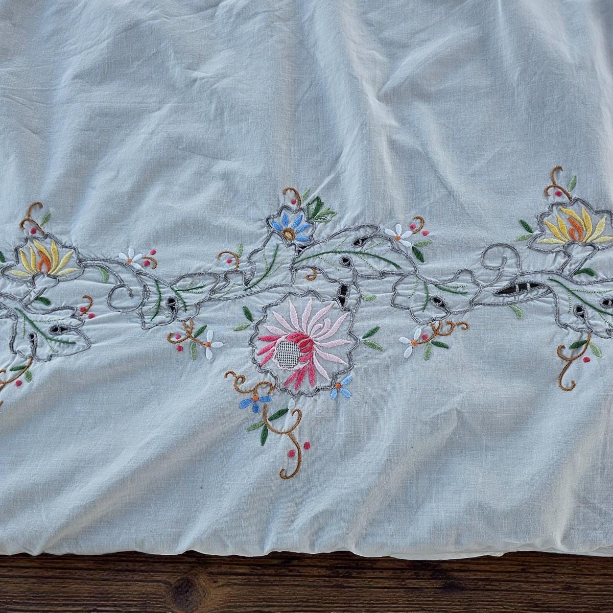 ヴィンテージ 手刺繍 リネン テーブルクロス カットワーク レース 花柄