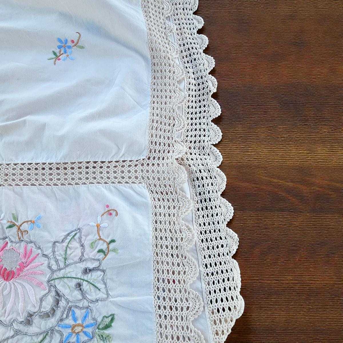 ヴィンテージ 手刺繍 リネン テーブルクロス カットワーク レース 花柄