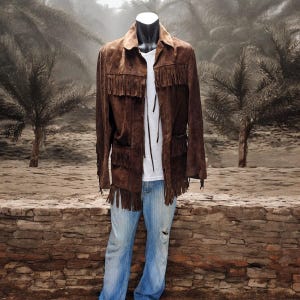 Veste en cuir marron pour homme Thomas Cook en daim marron Western county à pampilles 1970