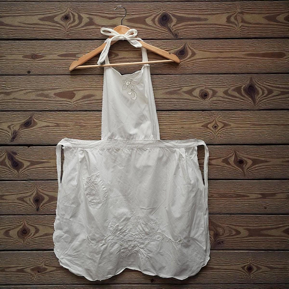 Vintage White Cotton Embroidered Apron Dress Halter Boho