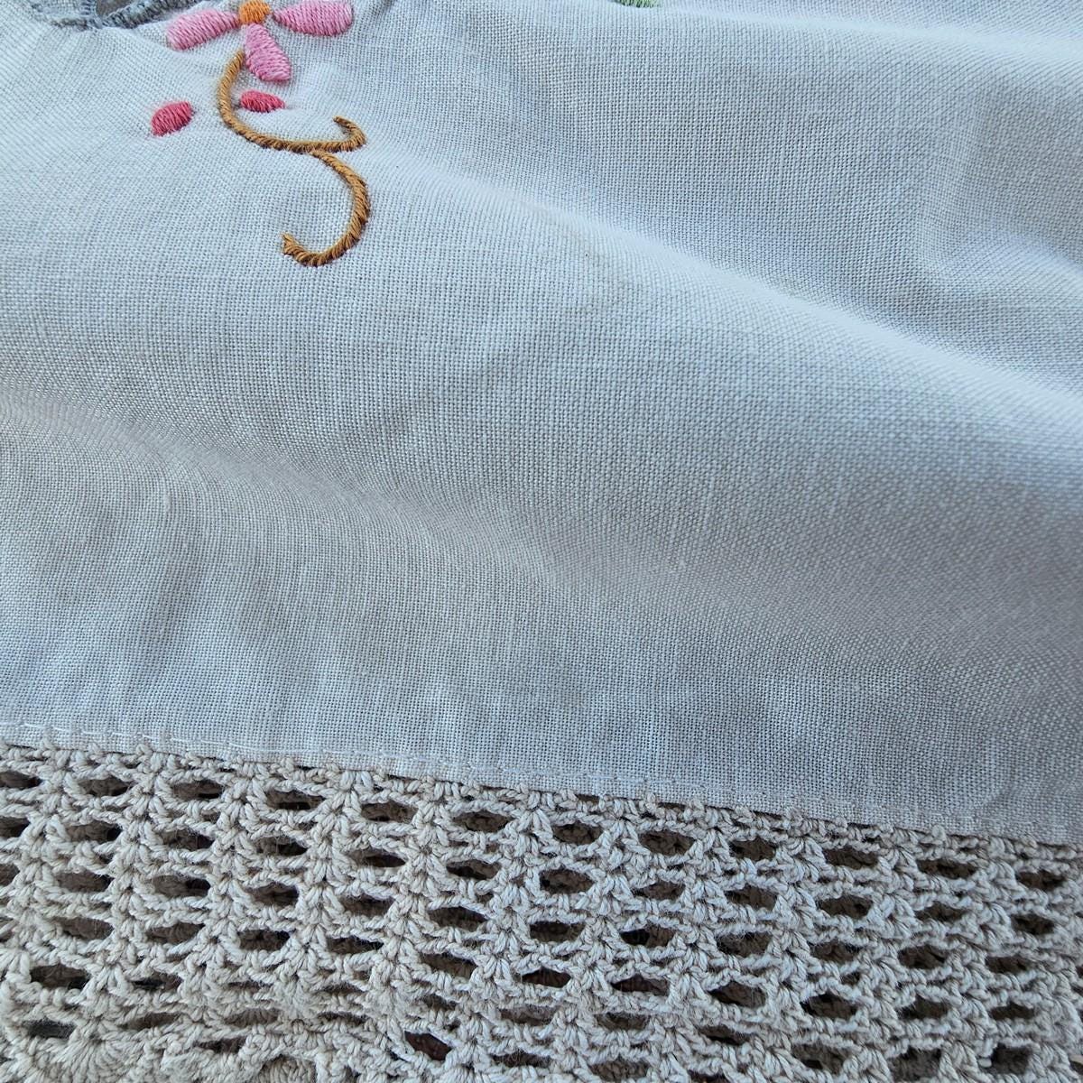 ヴィンテージ 手刺繍 リネン テーブルクロス カットワーク レース 花柄