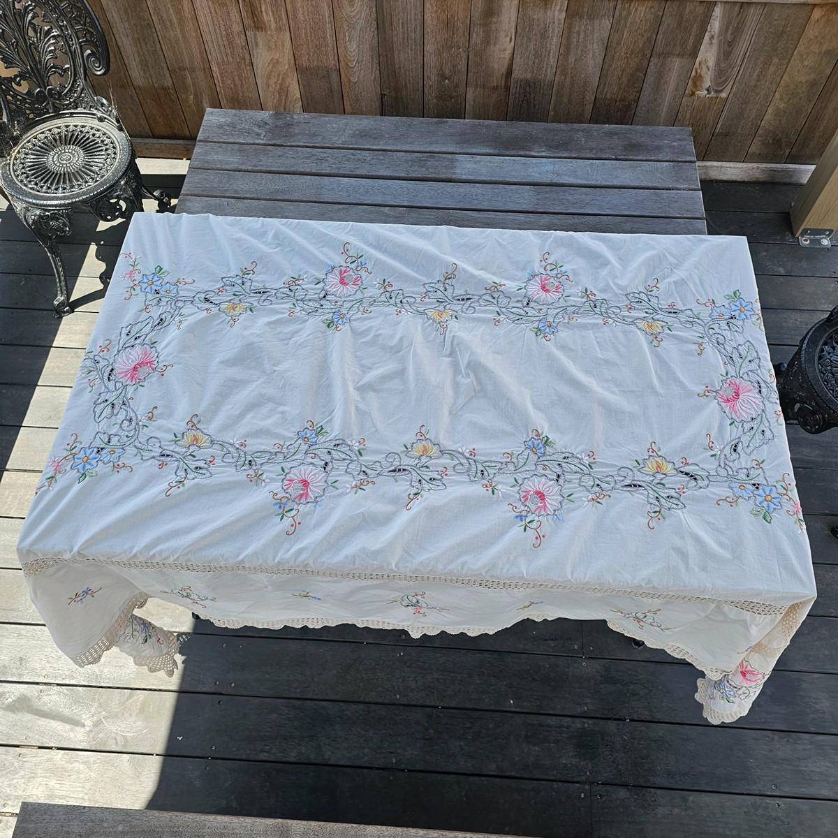 ヴィンテージ 手刺繍 リネン テーブルクロス カットワーク レース 花柄