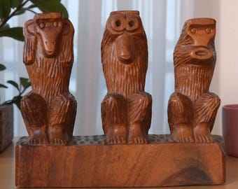 Vintage Wisdom monkeys wooden hand carved solid wood