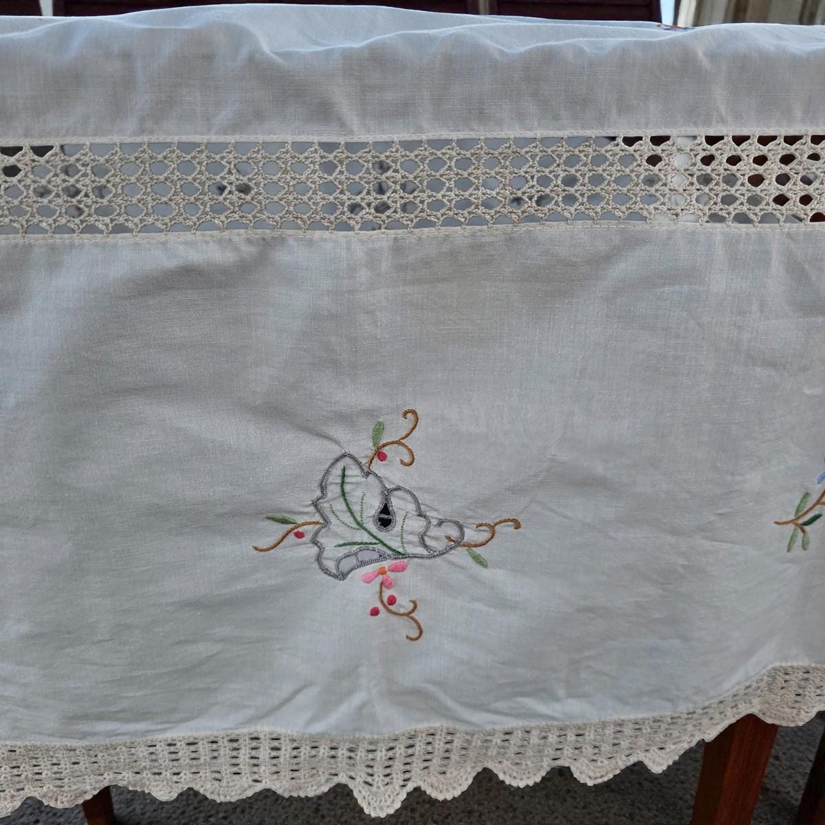 ヴィンテージ 手刺繍 リネン テーブルクロス カットワーク レース 花柄
