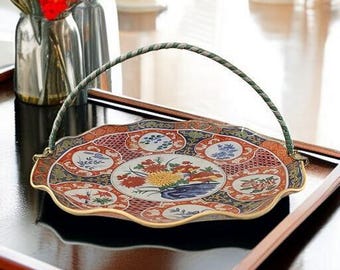 Vintage Japanese Style Glass Serving Tray With Handle Floral Imari Style 28cm