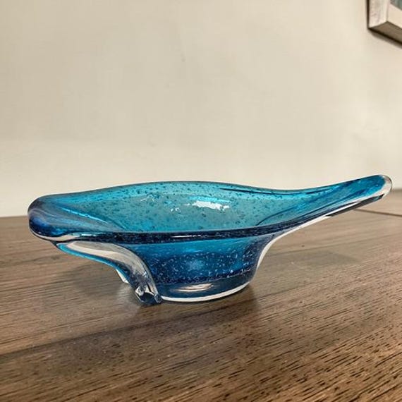 Vintage Aqua Blue Art Glass Ashtray Triangular Freeform MCM Bubble Glass 26cm