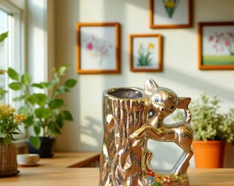 Vintage Kitsch Bambi Jeleń Ceramiczny Wazon Doniczka Złoty Jeleń Lata 50. Japonia DBT2