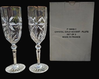 Vintage Champagne Glasses Avon French Lead Crystal Gold Rim Flutes Set of 2 Boxed