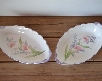 Vintage 2 x ceramic serving dish plates pink lily flower Japan