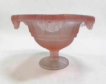 Vintage jaren 1930 art-deco mat roze glazen fruitschaal sokkel middelpunt satijn