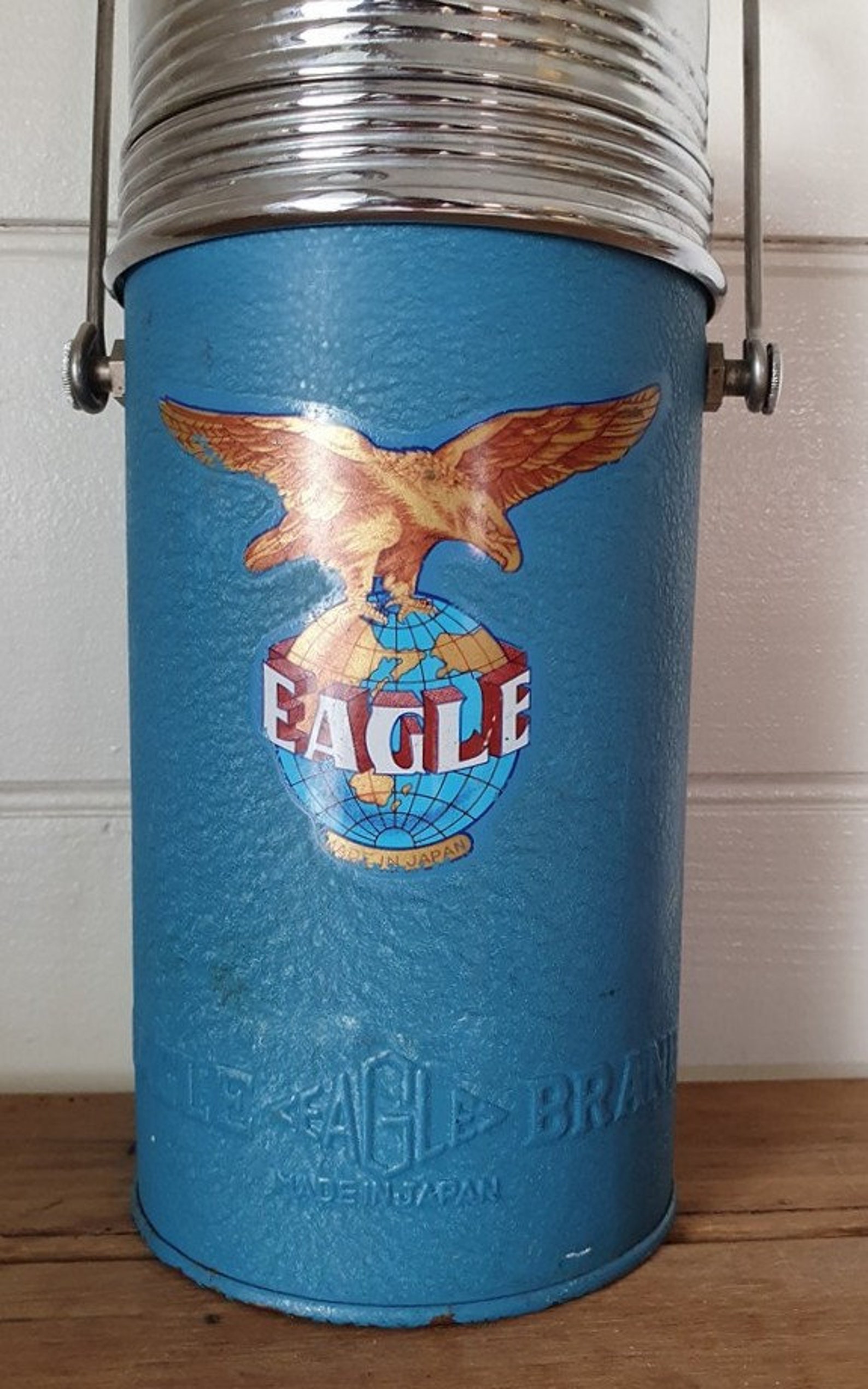 Vintage Vacuum Eagle thermos blue metal Japan greem glass Etsy
