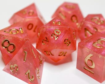 Peach Shimmer Resin Dice Set | Handmade Sharp Edge TTRPG Dice (7 Piece)