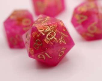 Pink and Gold Leaf Resin Dice Set | Handmade Sharp Edge TTRPG Dice (7 Piece)