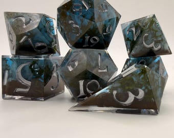 Foggy Underwater Resin Dice Set | Handmade Sharp Edge TTRPG Dice (7 Piece)