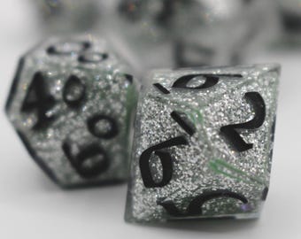 Silver Glitter Resin Dice Set | Handmade Sharp Edge TTRPG Dice (7 Piece)