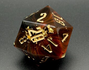 Black & Gold Leaf Resin D20 Chonk Dice | Sharp Edge TTRPG Dice (33mm)